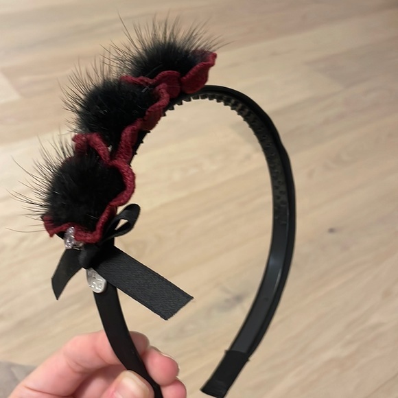 Satin, sequin, knit flower headband with fur pom poms - Picture 1 of 3